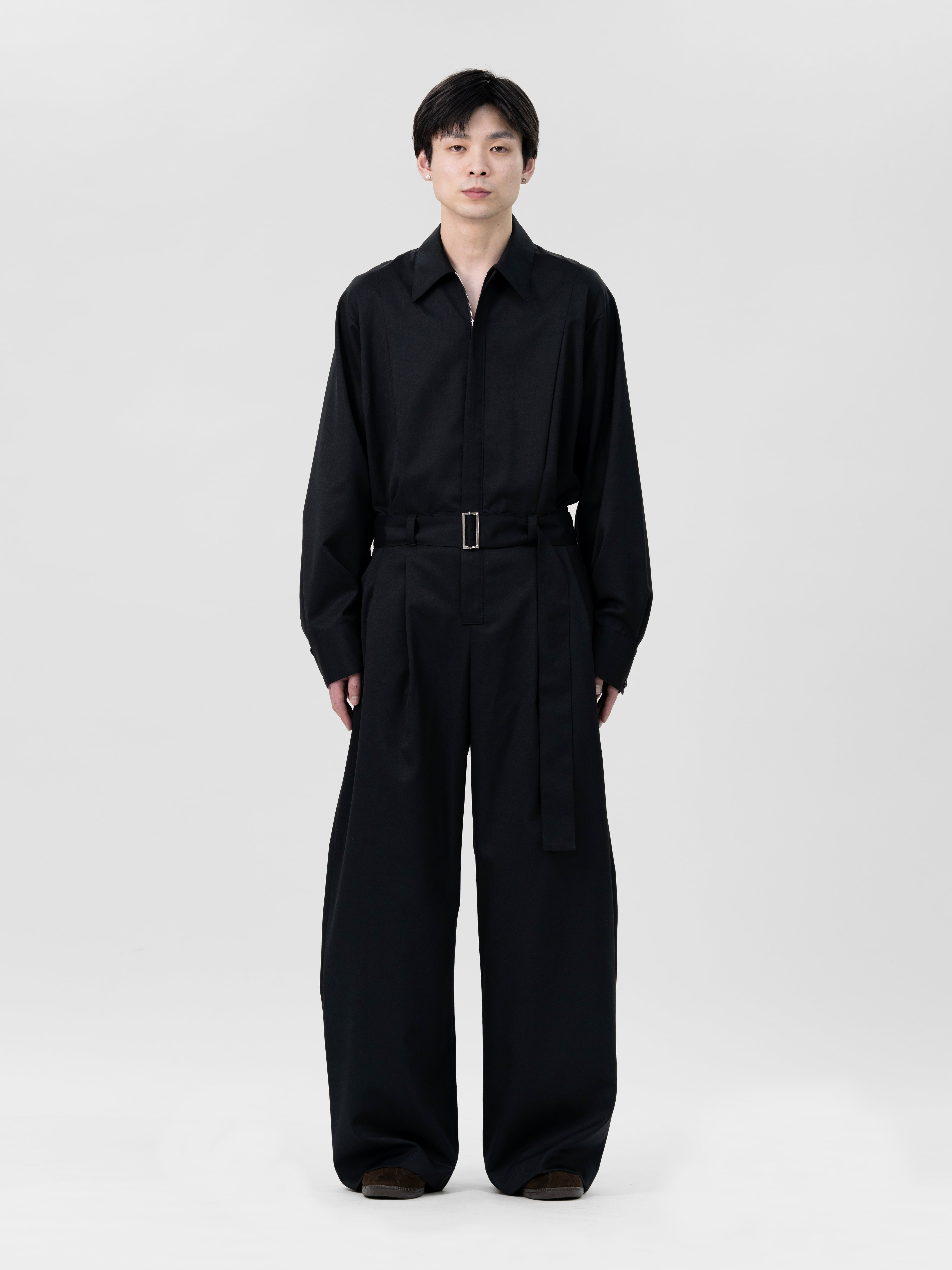 RESTOCK>BELTED ZIP UP JUMPSUIT【BLACK】 | lapiis