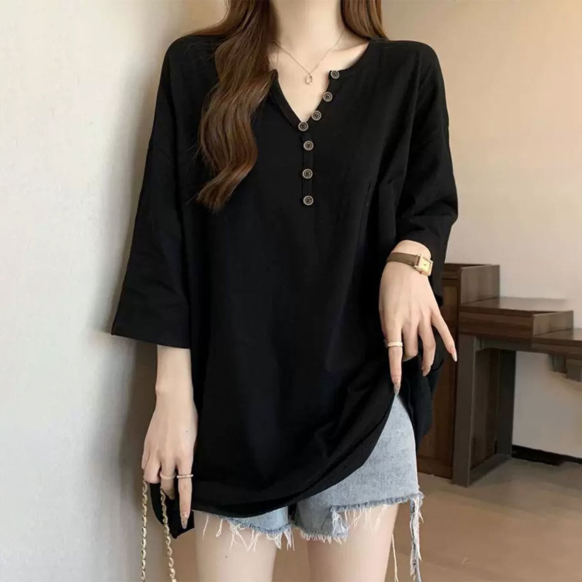 チュニック Tシャツ ヘンリーネック レディース 春夏 韓国 トップス きれいめ 大人 カジュアル ロンT おしゃれ ゆったり 体型カバー 胸ポケット 大人可愛い 大人女子