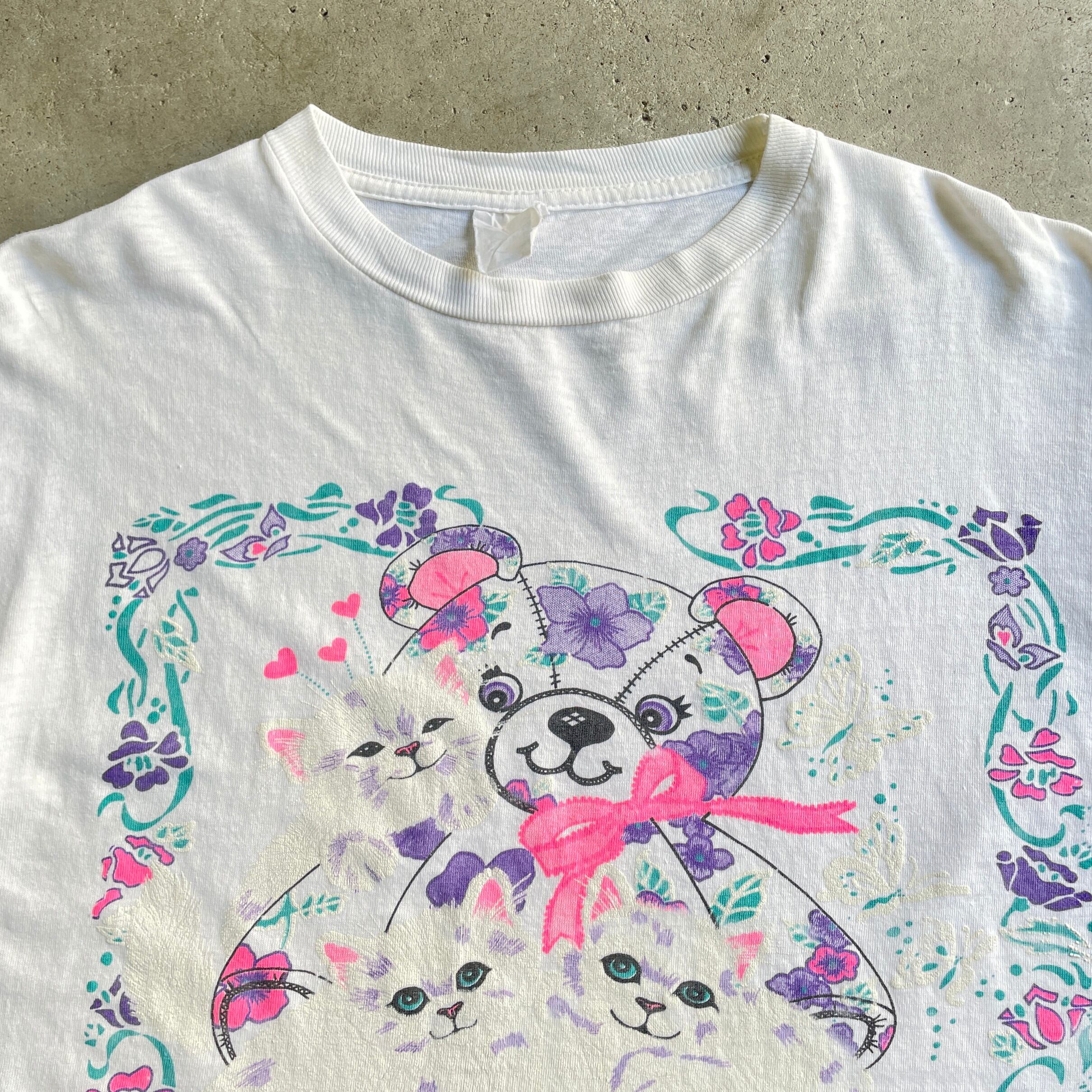 80年代 猫 熊 フラワー アニマル プリントTシャツ レディースXL相当