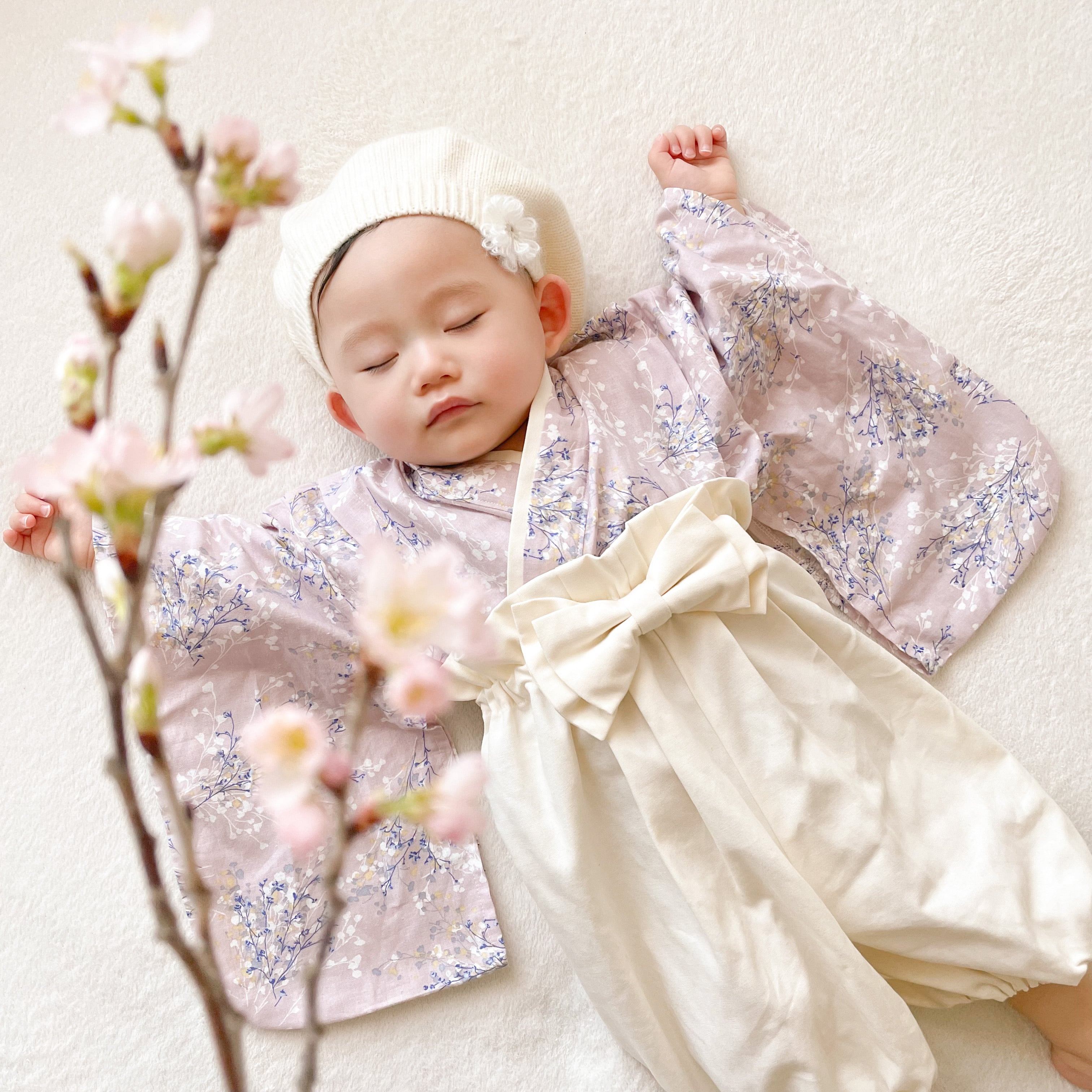 ベビー袴ハンドメイド 初節句 お食い初め 100日祝い くすみブルー小花