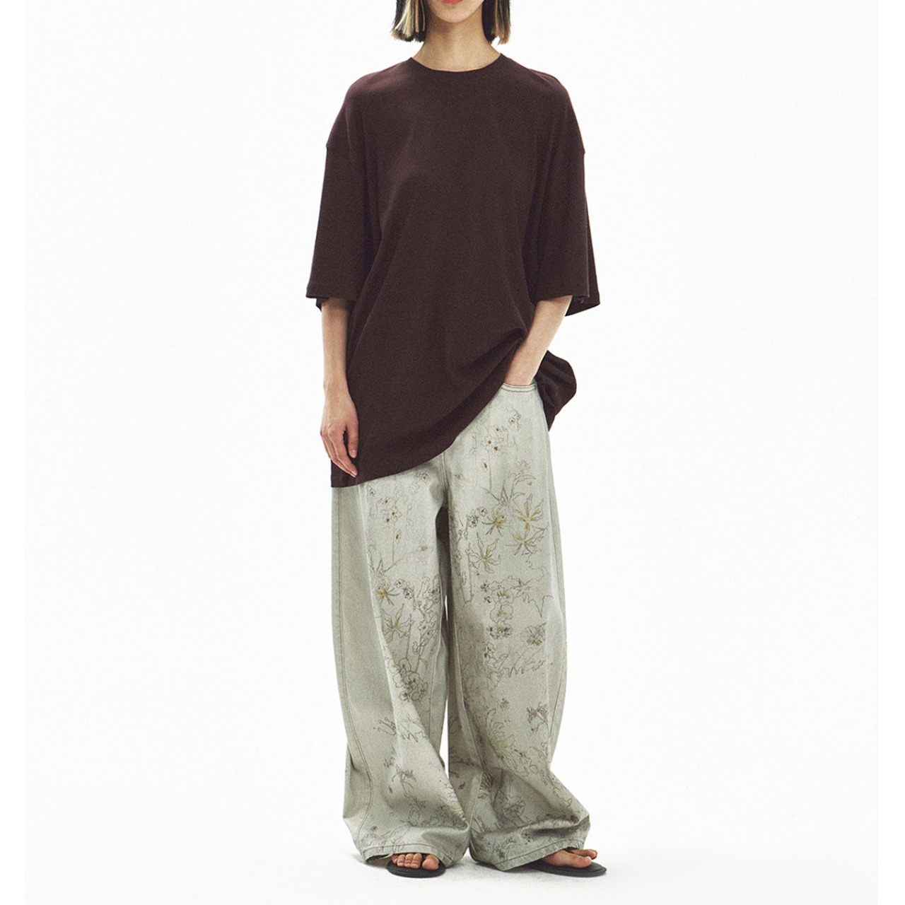 Flower Print Wide  Denim Pants  T4476