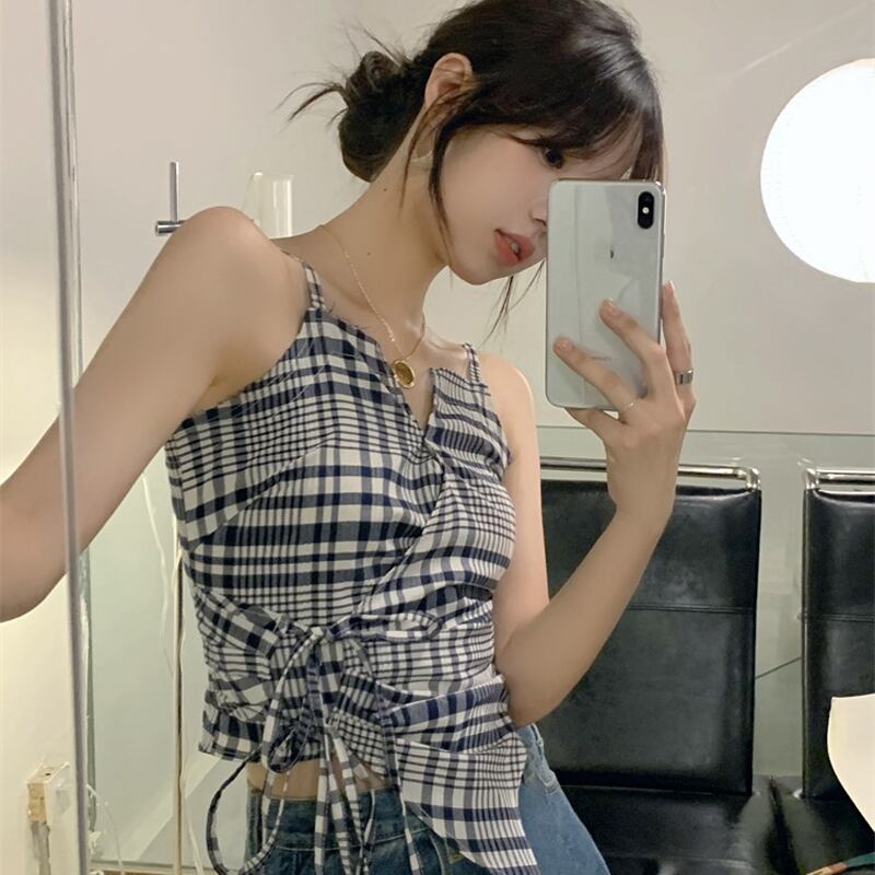 サマー格子柄スリムVネックトップス 夏物 misskkl79867705373