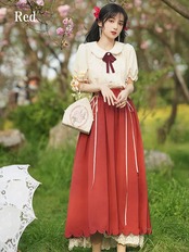 【0203】Retro Ribbon Lace Short Sleeve 2 Piece Set