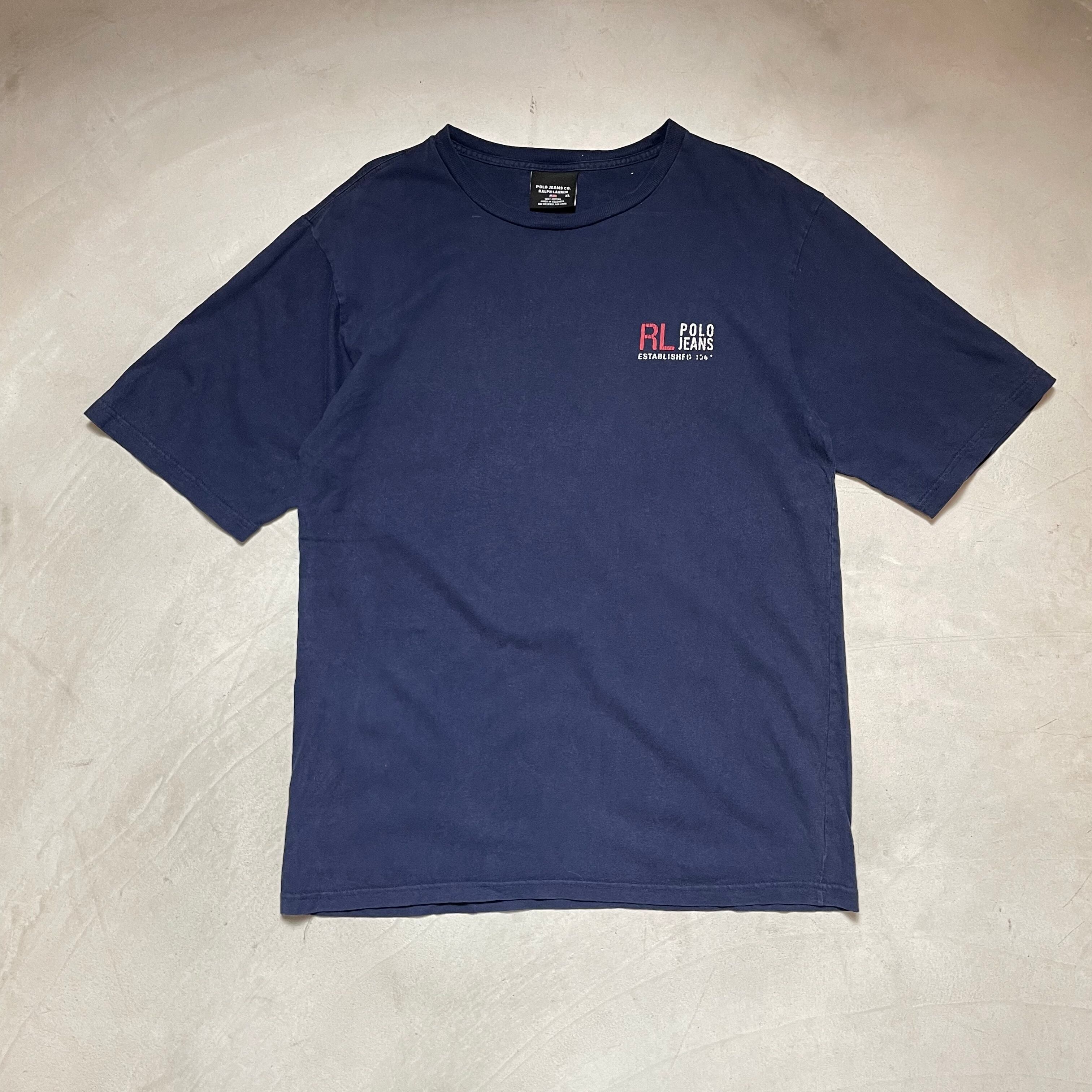 POLO JEANS COMPANY RALPH LAUREN ポロジーンズ ラルフローレン プリント 刺繍 Tシャツ メンズL 古着 Ralph Lauren 紺色 ネイビー色【Tシャツ】