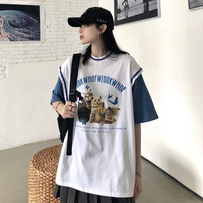 サマーカジュアルスタンダードプリントTシャツ ルーズトップス レトロ 夏物 ケッペル74795498056