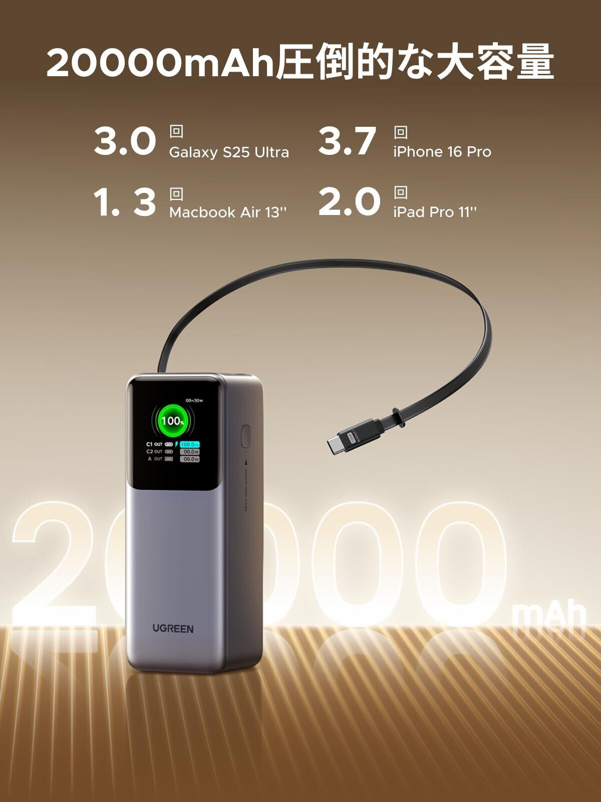 UGREEN Nexode 巻取式USB-Cケーブル内蔵モバイルバッテリー UGREEN Nexode 巻取式USB-Cケーブル内蔵モバイルバッテリー
