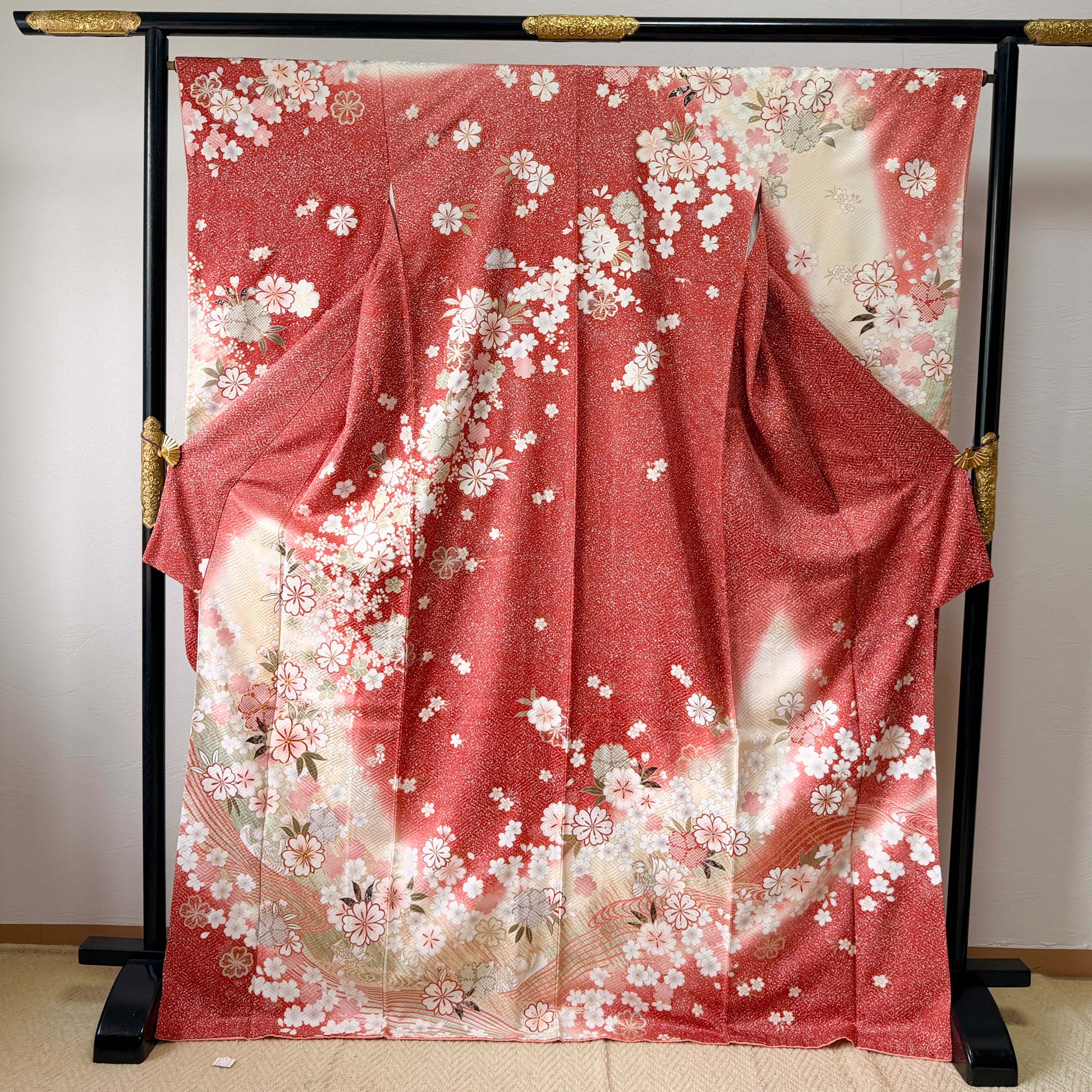 正絹 成人式 振袖セット(赤に桜セット) 振袖フルセット 赤 桜 牡丹柄 S