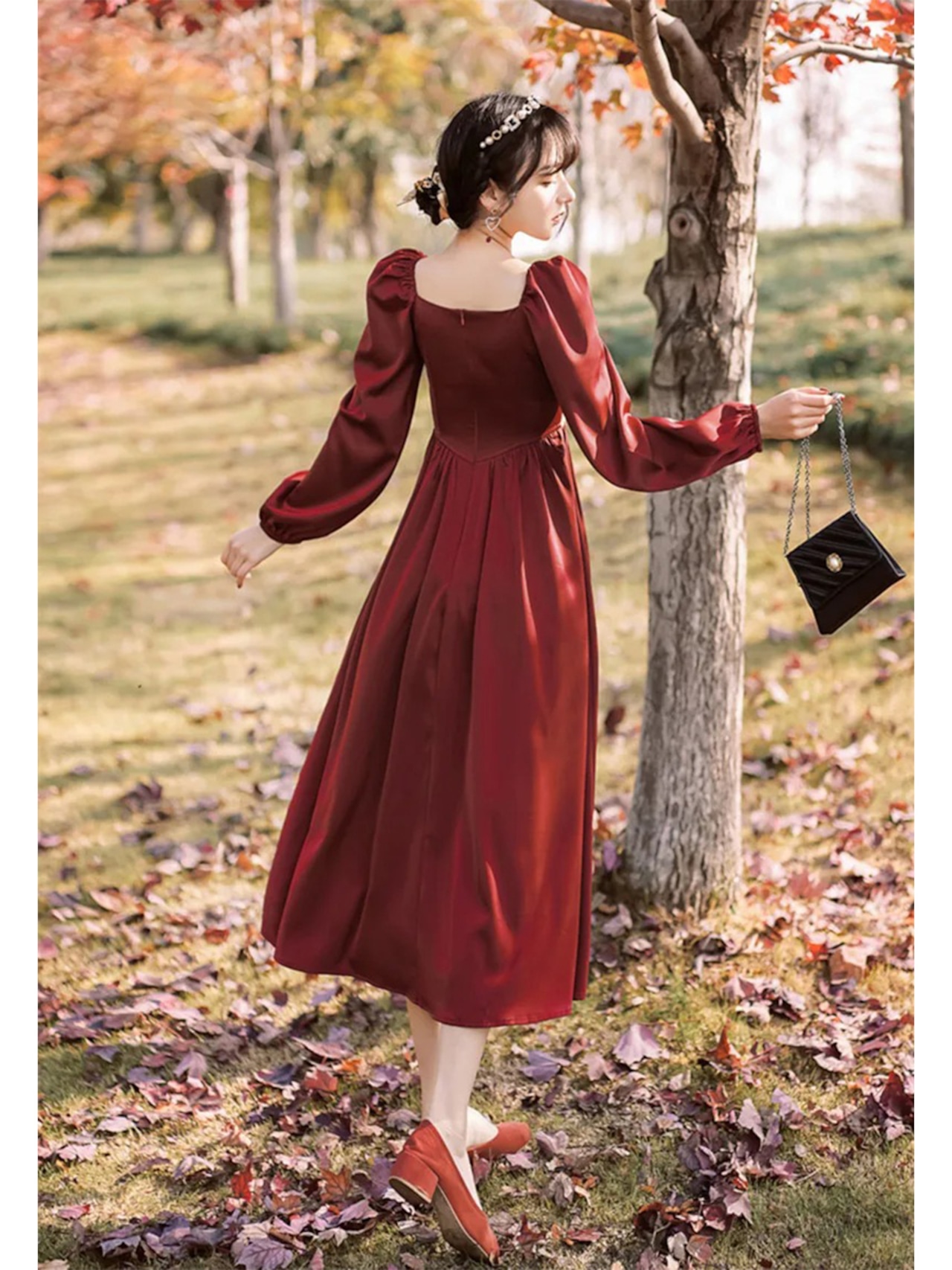 【0101】Red Flower Vintage Long Sleeve Dress