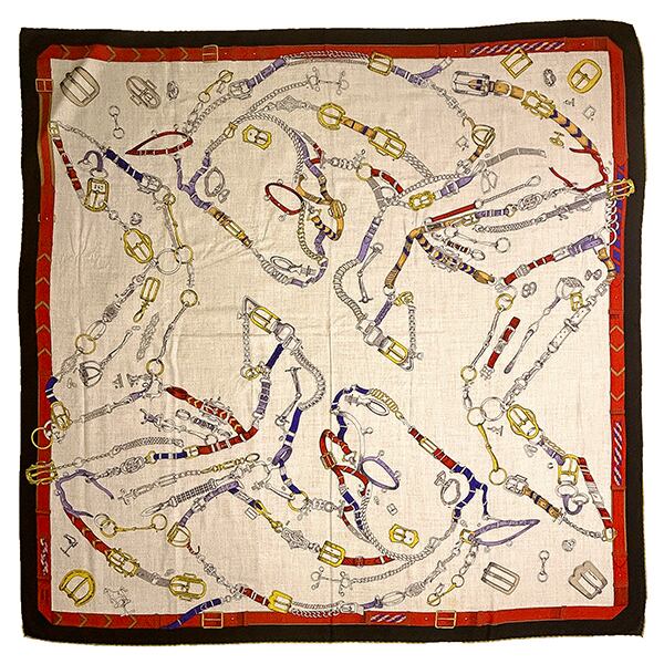 Used HERMES エルメス ショール カレジェアン 140 シュヴォーデシェネ カシミヤ シルク ブラック ベージュ ストール 中古美品