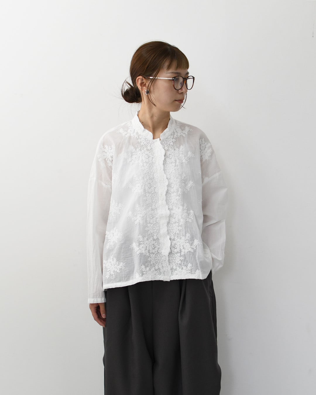 mizuiro ind [ミズイロ インド] lace stand collar wide shirt [1