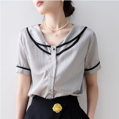 ストライプ柄 パイピングデザイン ハーフスリーブブラウス 00531