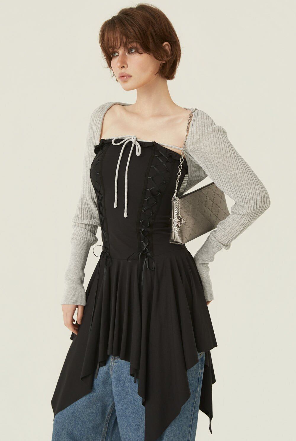 threetimes] Stretch lace up dress (black) 正規品 韓国ブランド 韓国