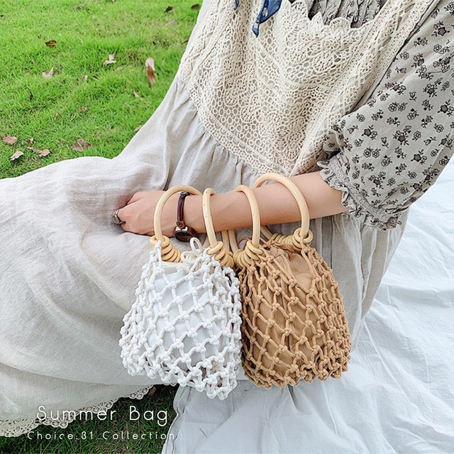 ウッドハンドル ネット編み かごバッグ  バケツ型 2色 レディースバッグ