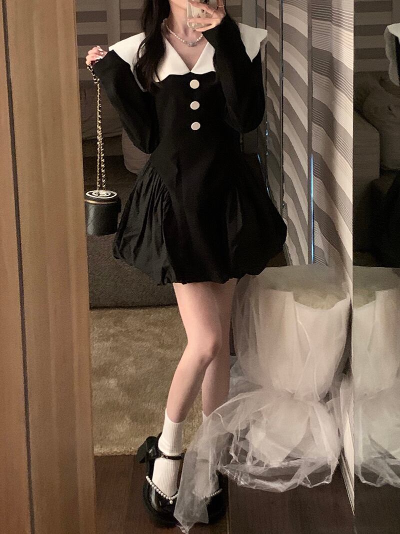 スタイルウェストドレス オータムブラックショートAラインスカート 秋物 モンロー36270895922