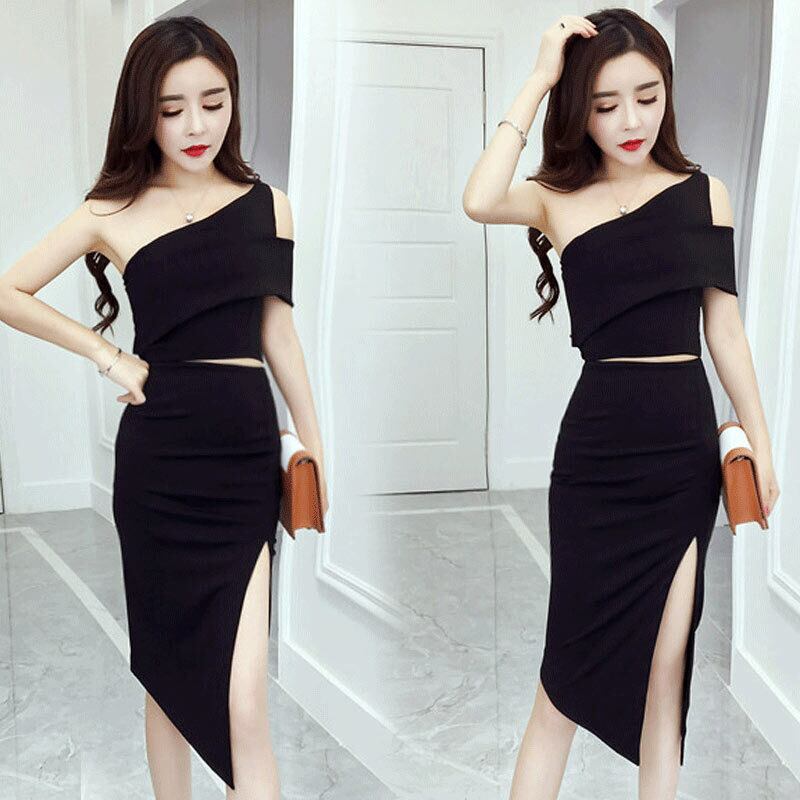 ツーピース セットアップ レディース オフショルダー ドレス ワンショルダー ワンピース オープンショルダー トップス セクシー タイト スリットスカート 楽ちん おしゃれ シンプル エレガント 無地 韓国 通販 ファッション ハイウエスト 脚長効果 スタイルアップ 春