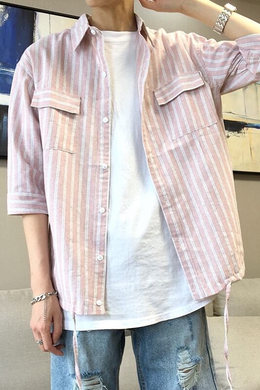 全2色 シャツ ストライプ 半袖 カジュアル シンプル 羽織