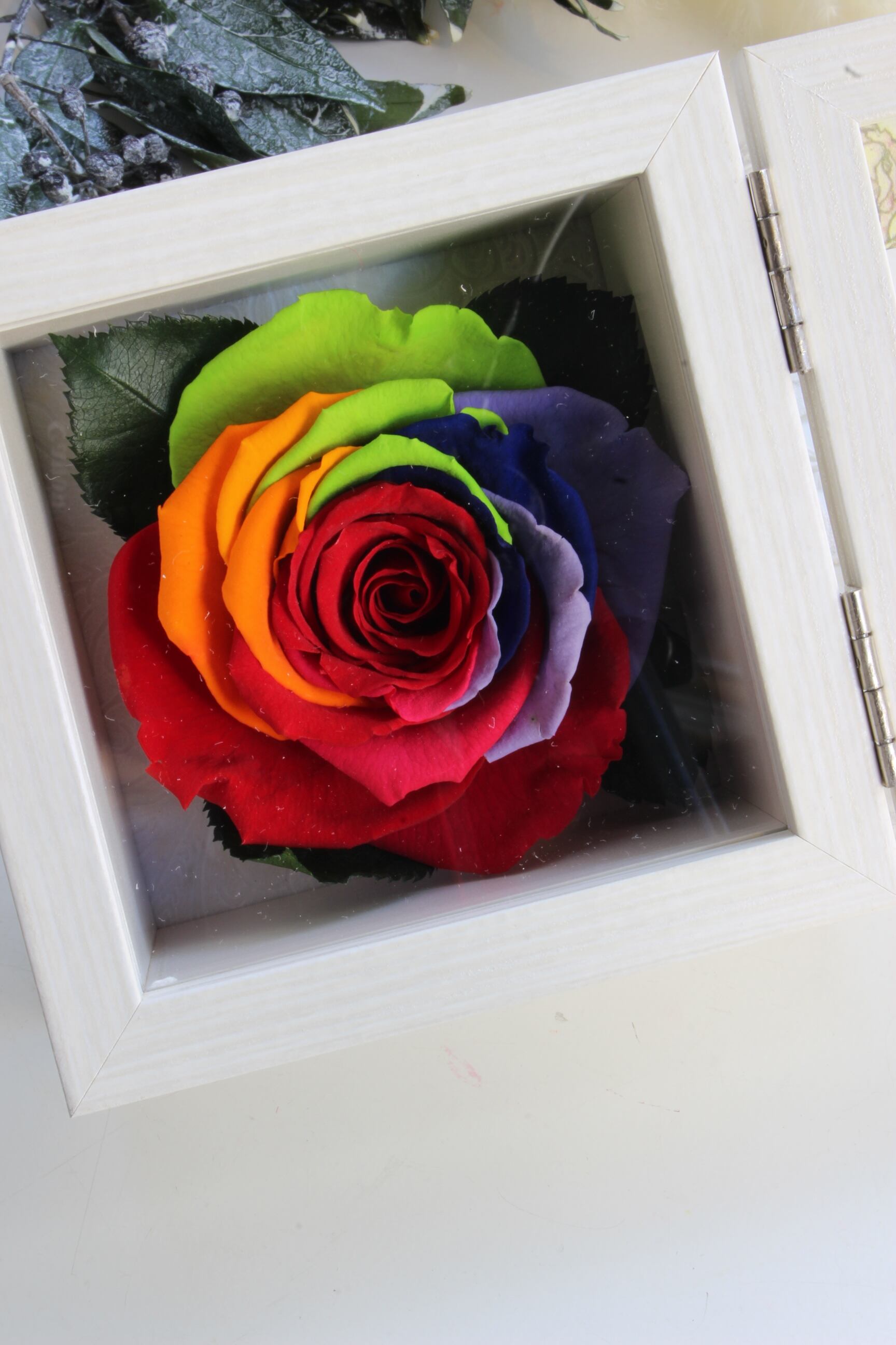 スクエアフレームアレンジメント レインボーローズ 福岡のプリザーブドフラワー専門店 Rosejunoローズユノwebshop ネットショッピング