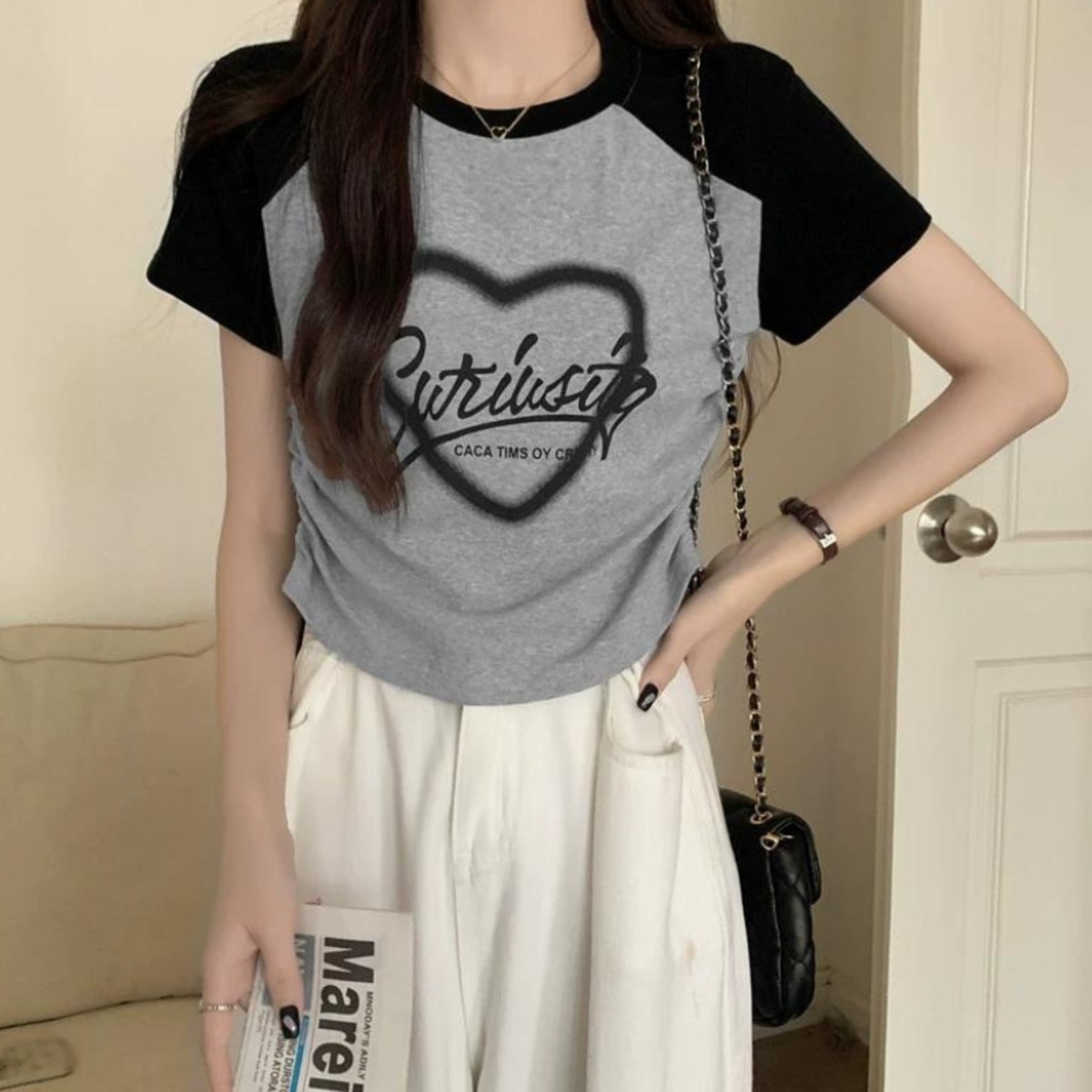 横から見た姿もおしゃれに♪ ドローストリング ハート ロゴ ラグラン