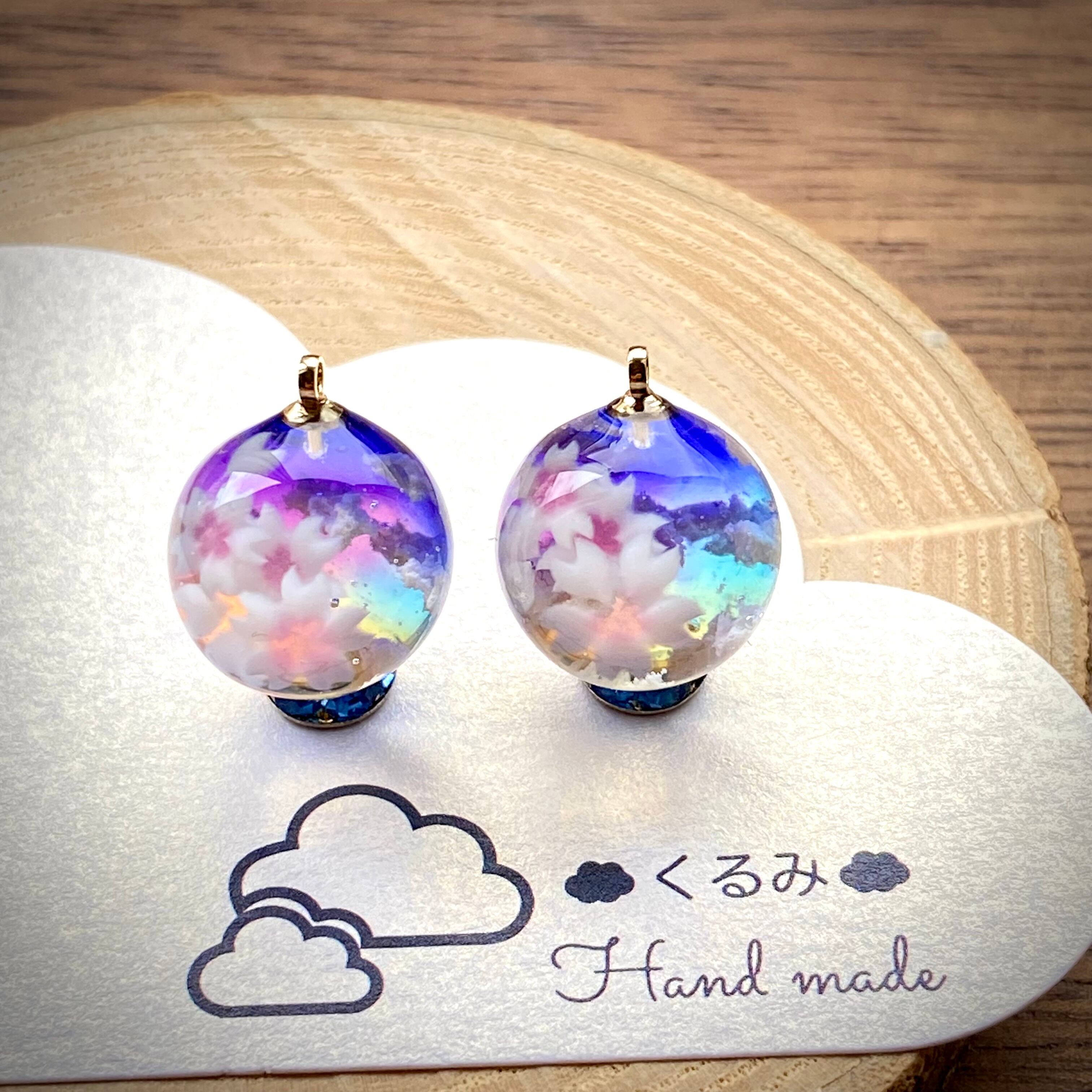 レジンピアス イヤリング 夕暮れ空と桜 まん丸 14mm a