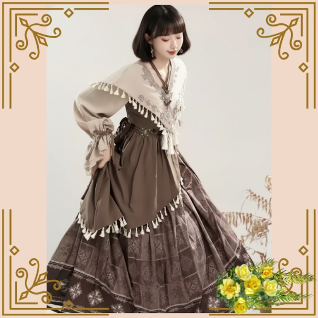 ♦フリンジ付きレトロブラウンドレス♦trnd037 ♦フリンジ付きレトロブラウンドレス♦trnd037