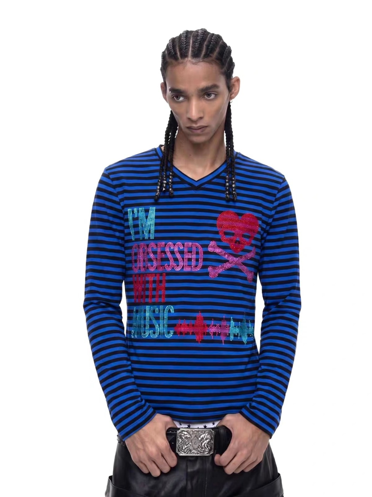 【Fourth3ex】Rhinestone Skull Stripe V-Neck L/S Tee