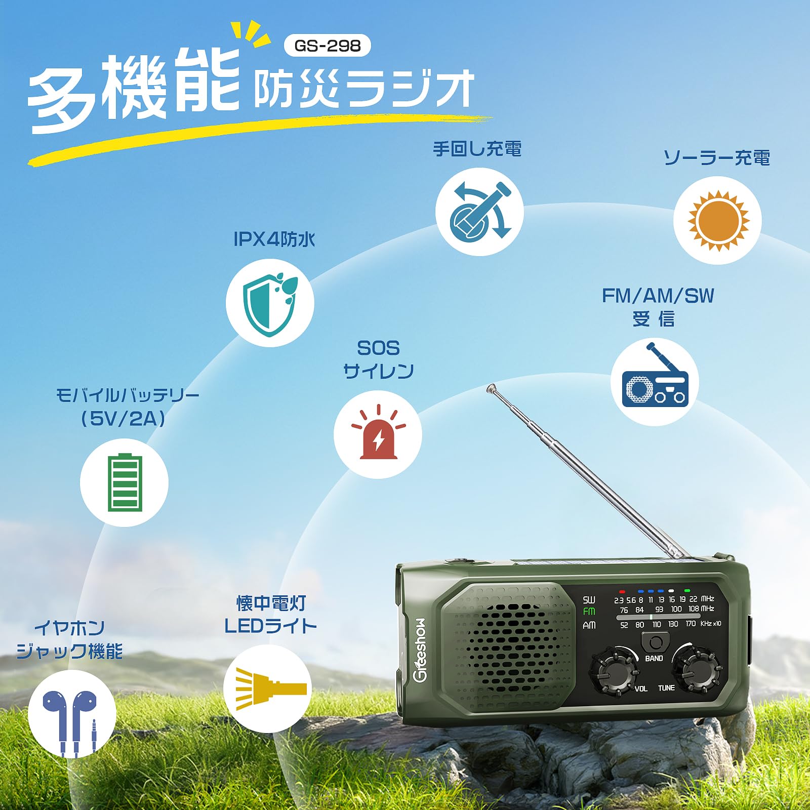 新着】【2025年新モデル】Greeshow 防災ラジオ 多機能 手回し充電 FM