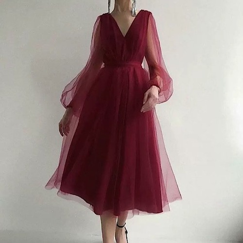 結婚式ドレス パフスリーブ シースルー レース Vネック 発表会 演奏会 レディース フレアドレス 結婚式 ステージ衣装 ミモレ丈 エレガント ウエディングドレス カラードレス チュールスカート