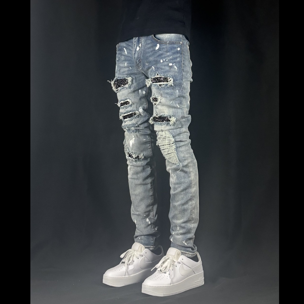 high street paint black rhinestone distressed light blue denim【ES069】 - 1