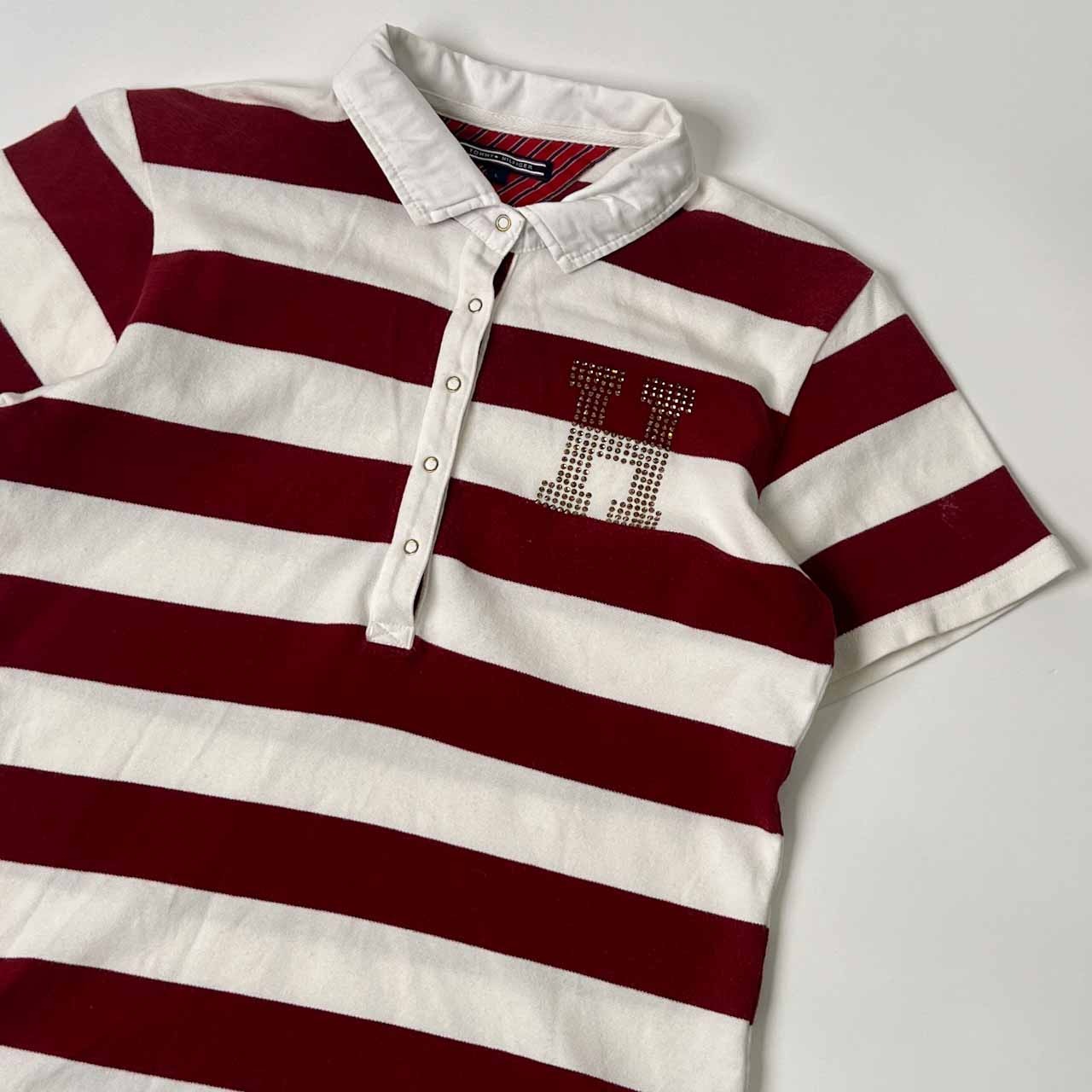 TOMMY HILFIGER トミーヒルフィガー ボーダー ラインストーン 半袖 ポロシャツ L/ボルドー×ホワイト レディース