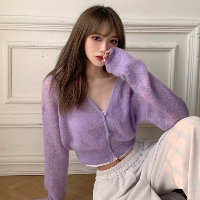 Vネックセーター カーディガンジャケット 薄手レディーススプリングショートスリムトップス ロング 春物 YY-ファッション14403660032