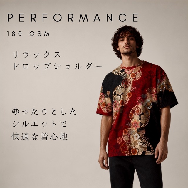 和紋様装飾ストライプ　レッド　和柄ユニセックス 180G Performance Tシャツ