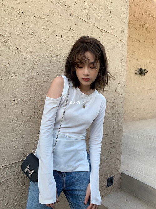 ストラップレス長袖スリーブ薄手Tシャツ カラーオータムスタイルラウンドネック ロング 秋物 Oネック ピュア ビッグFスモールZ韓国12149064514