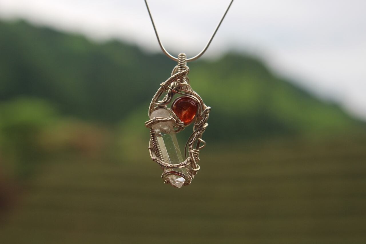 Sunstone & Crystal point  silver925 wire wrapping pendant