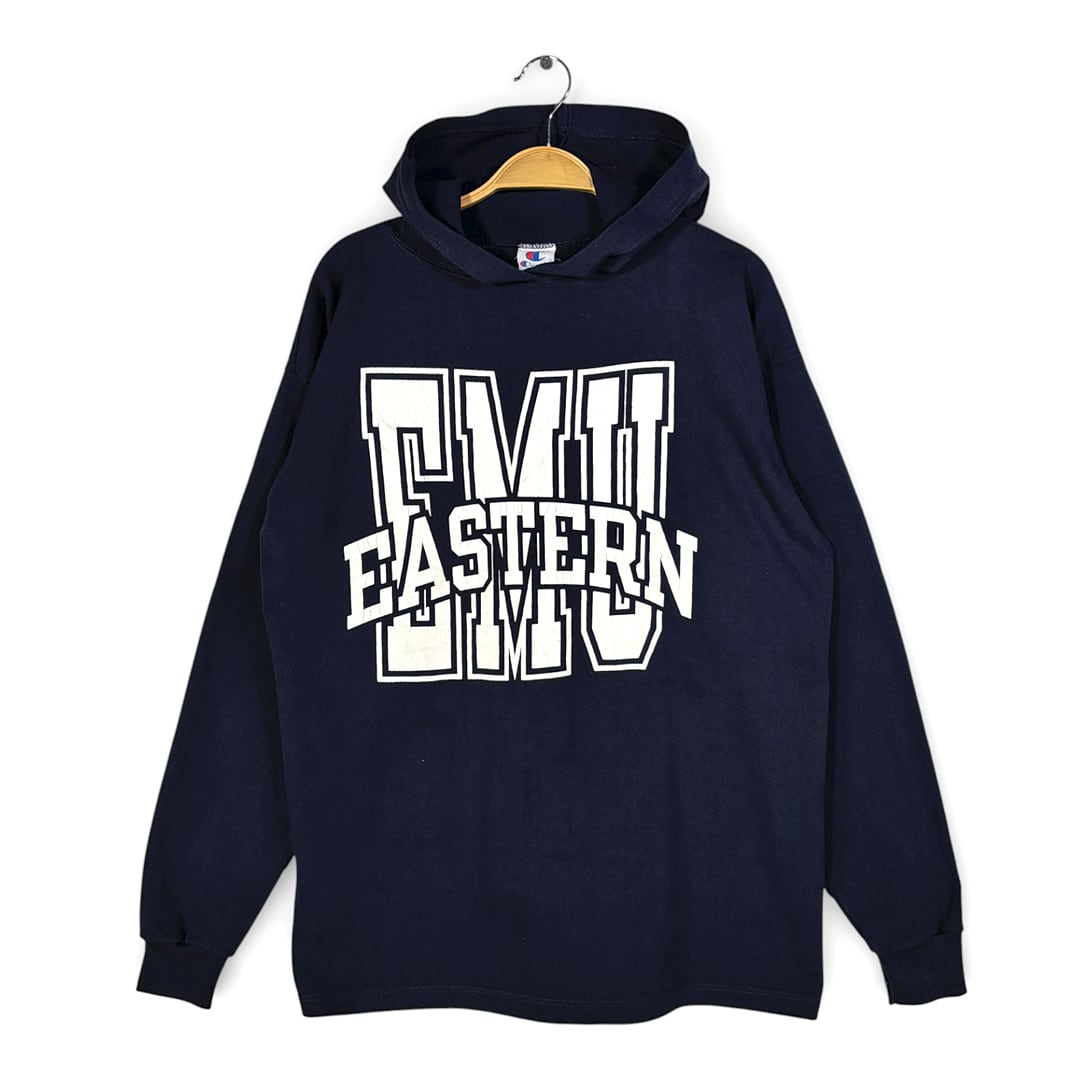 90s EMU チャンピオン USA製 スウェットパーカー ヴィンテージ  カレッジロゴ ネイビー CHAMPION メンズL 古着 CG0469