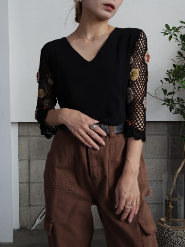 <vintage>crochet sleeve knit tops