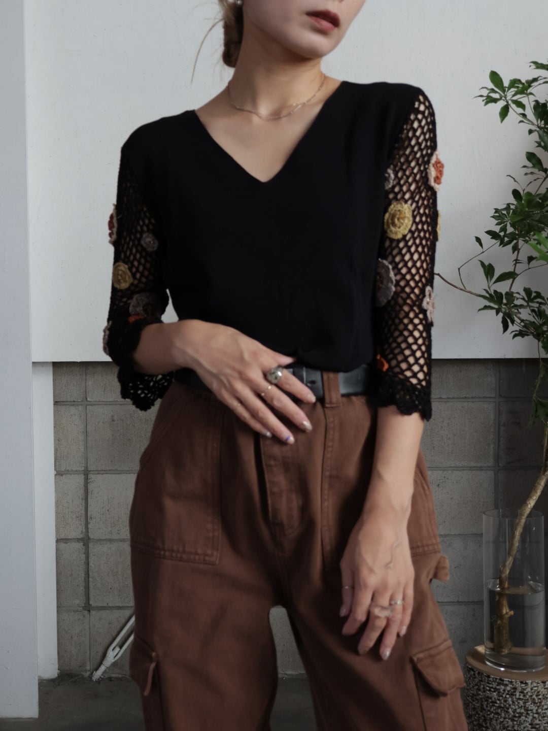 <vintage>crochet sleeve knit tops