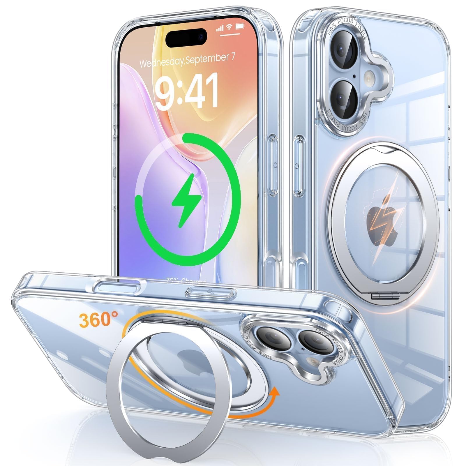 Gunwon iPhone 17 用 ケース Magsafe対応 ワイヤレス充電 360°回転スタンド 縦横両対応 米軍規格耐衝撃「クリア」