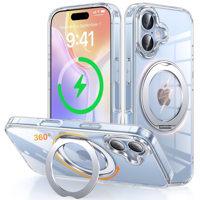 Gunwon iPhone 17 用 ケース Magsafe対応 ワイヤレス充電 360°回転スタンド 縦横両対応 米軍規格耐衝撃「クリア」
