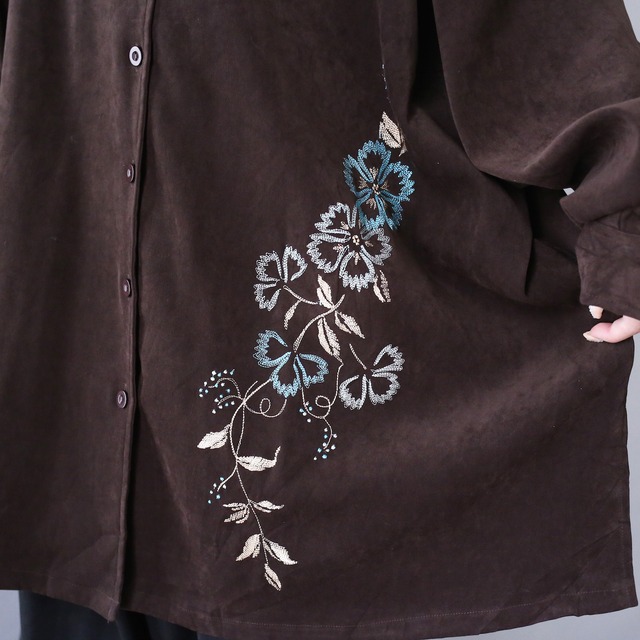 "刺繍×花" asymmetry design over silhouette fake suede shirt