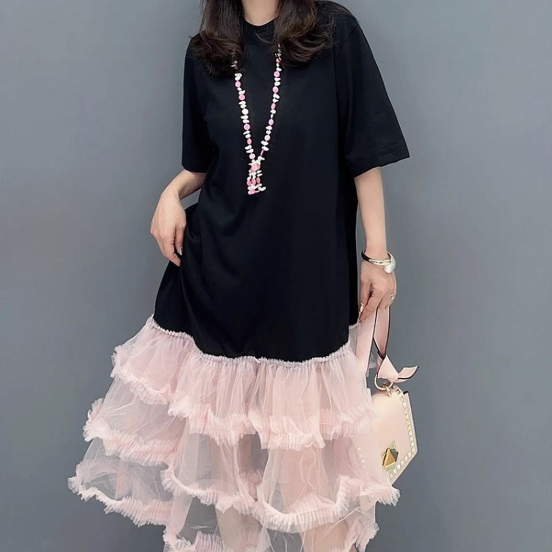 バイカラードッキングチュールティアードワンピース ON0498