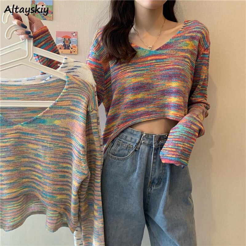 【新作】【送料無料】 プルオーバー女性カラフルなストライプレインボーデザインレトロ甘いガーリッシュセクシーなクロップセーター基本的なファッション原宿 Mujer 若いイン 0364408359606