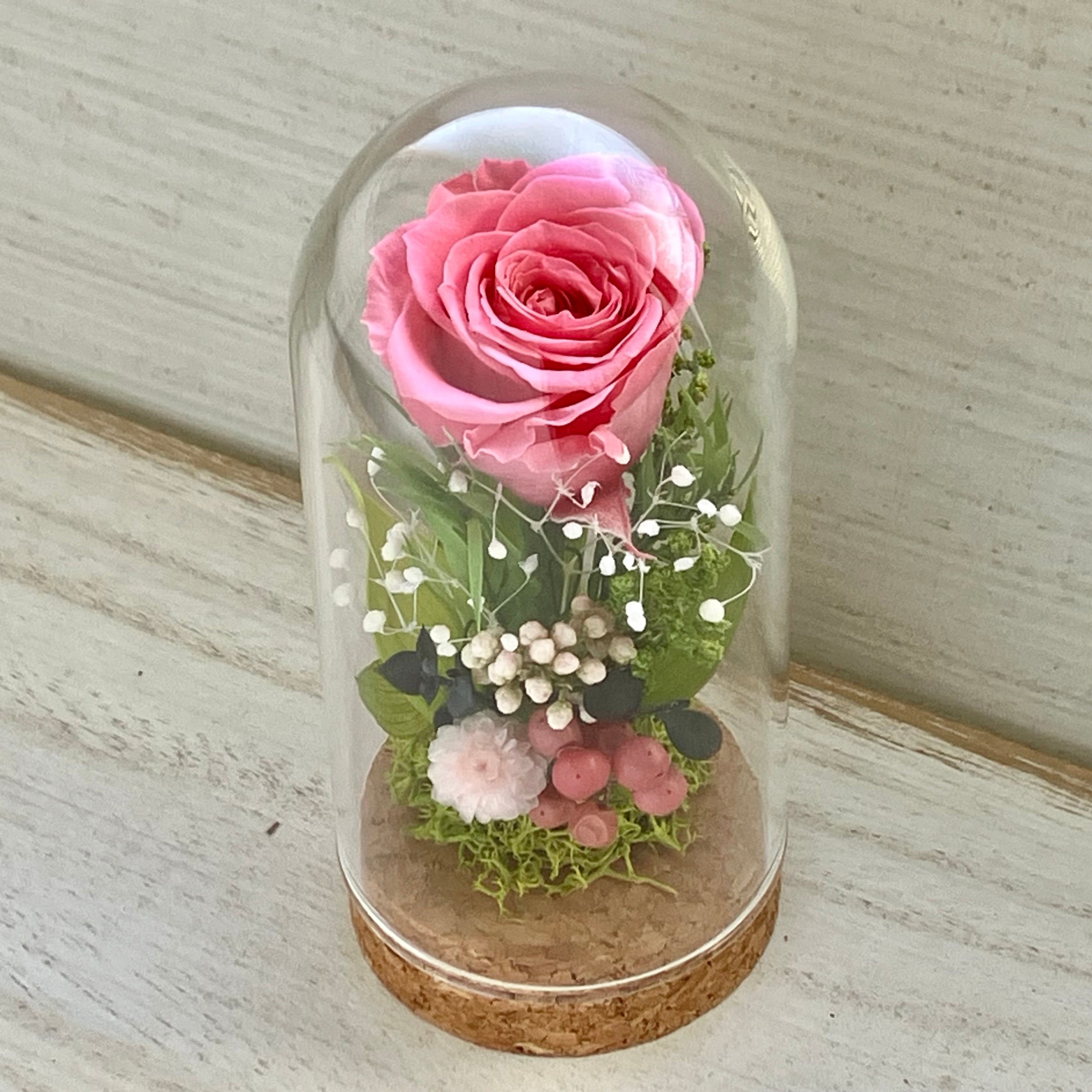 プリザーブドフラワー ガラスドームアレンジ○コルクドームSS