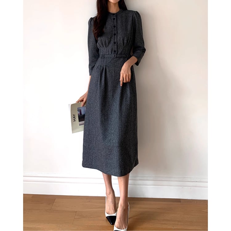ボタンフロント ミモレ丈 ワンピース YH9801
