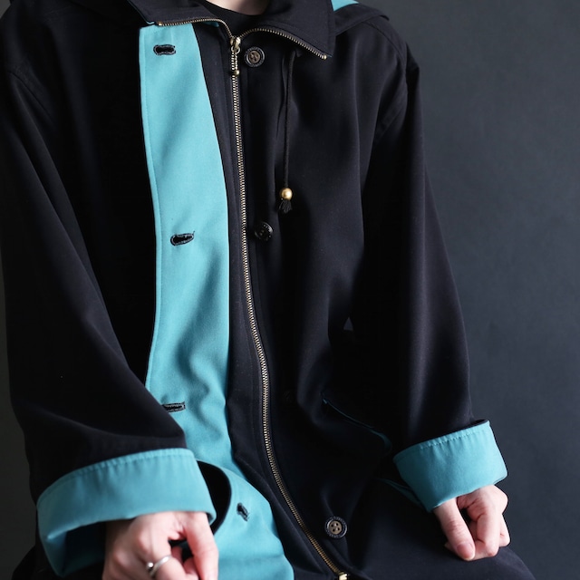 turquoise blue switching design zip-up and button jacket coat  with hooded