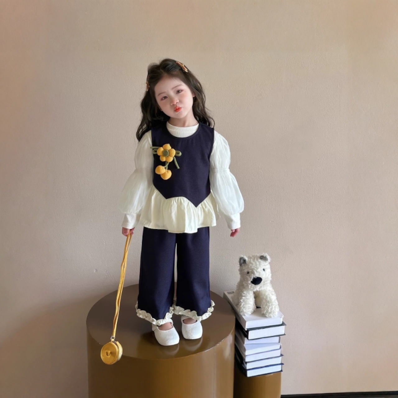 秋ヒマワリデザインベスト&Tシャツ&ボトムスセット