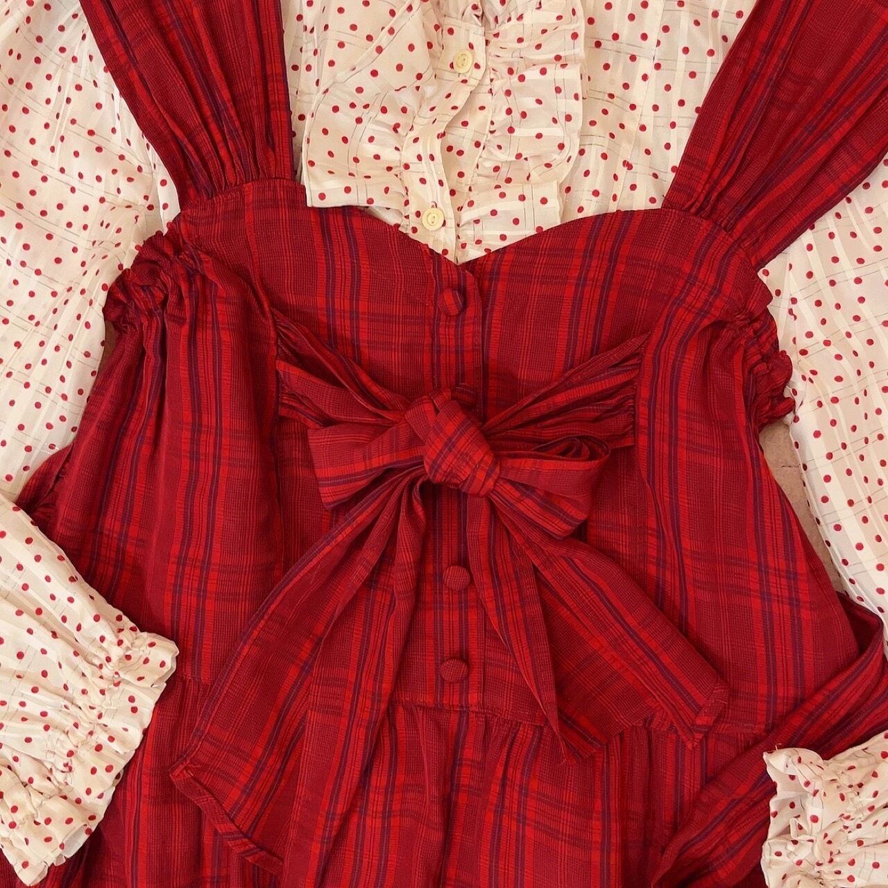 red check big ribbon jumper skirt