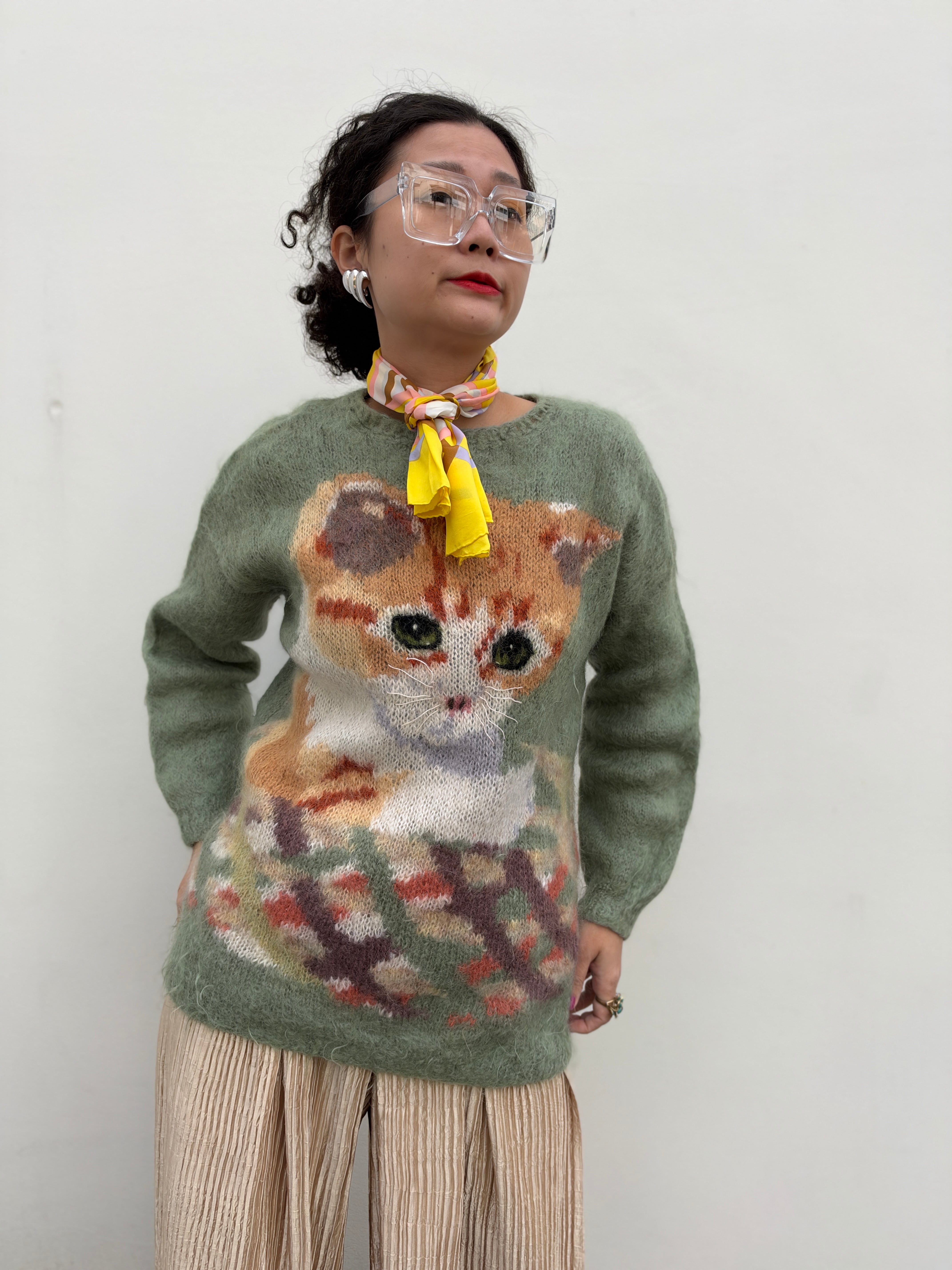 ★Special★Vintage handmade green cat mohair sweater