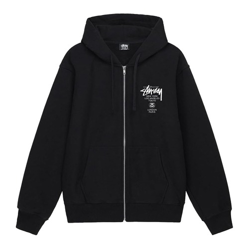 ステューシー ジップアップ スウェットパーカー 即納 STUSSY WORLD TOUR ZIP HOODIE BLACK [並行輸入]