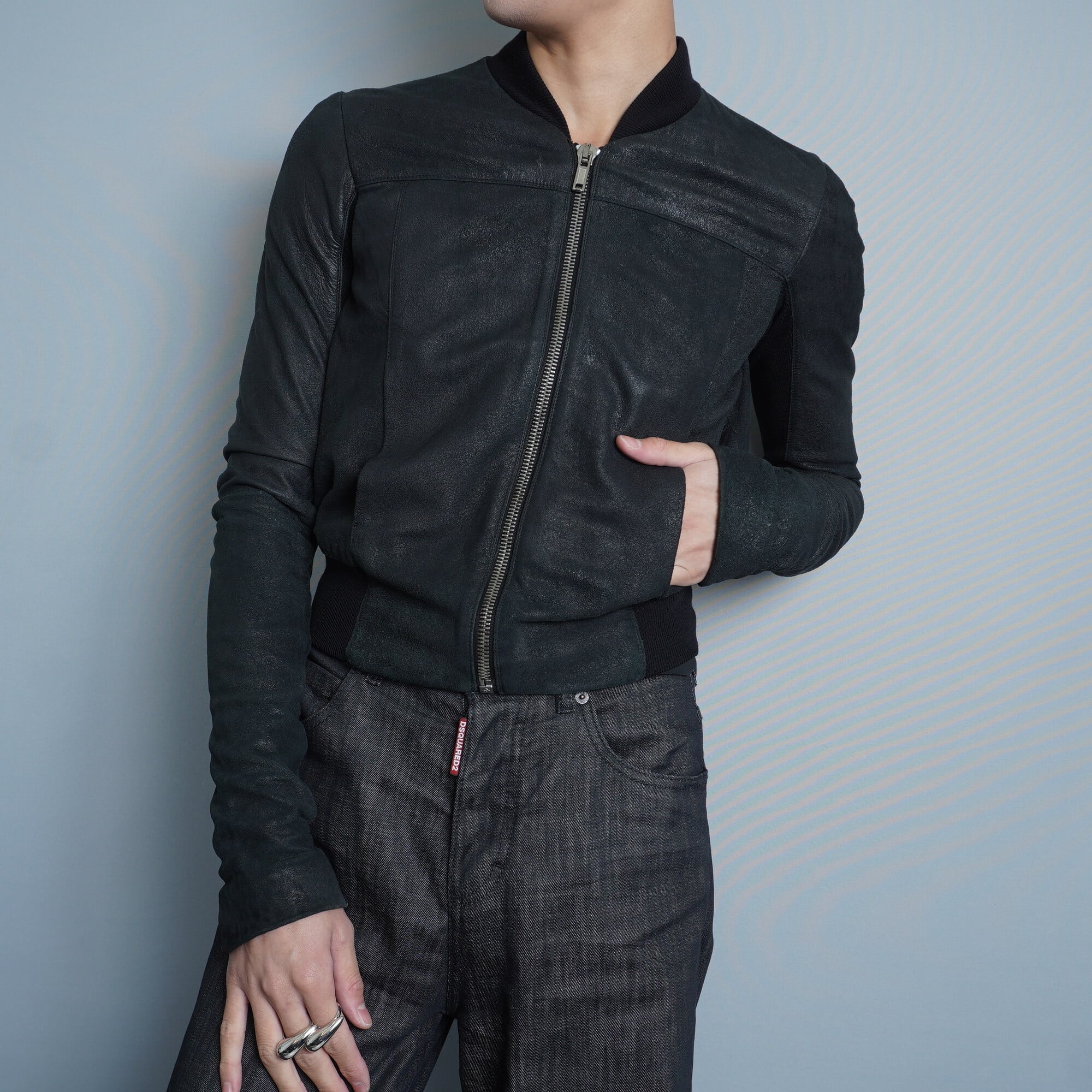 Rick Owens】リックオウエンス カーフレザーニット切替ギャザージップ
