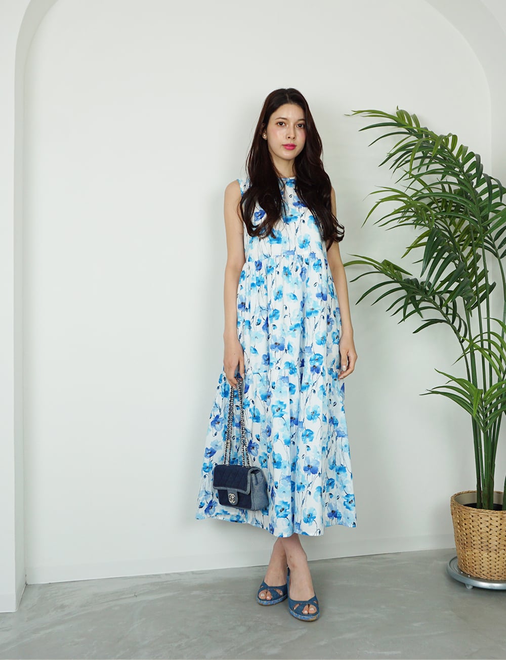 フラワーコットンティアードワンピース blue×white | amin pur